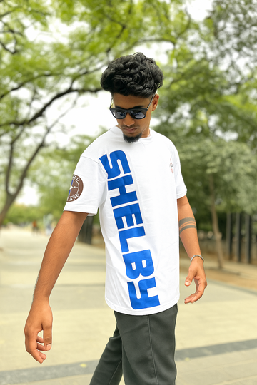 White Oversized Shelby Mustang T-Shirt – Racing Stripe Car Graphic Tee