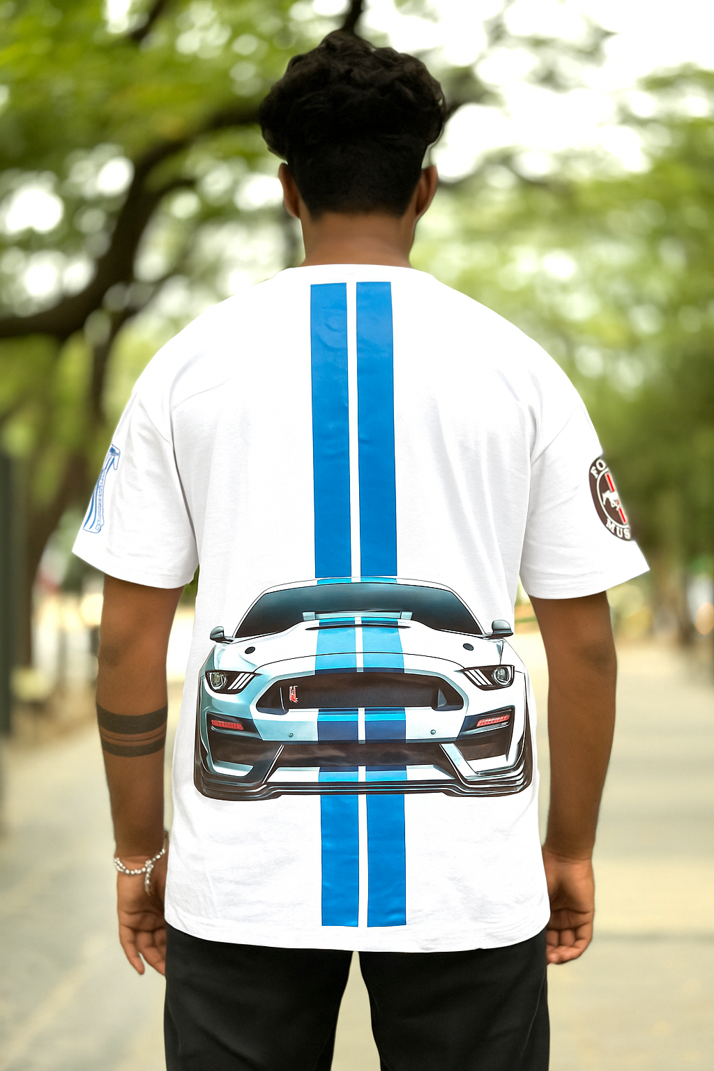 White Oversized Shelby Mustang T-Shirt – Racing Stripe Car Graphic Tee