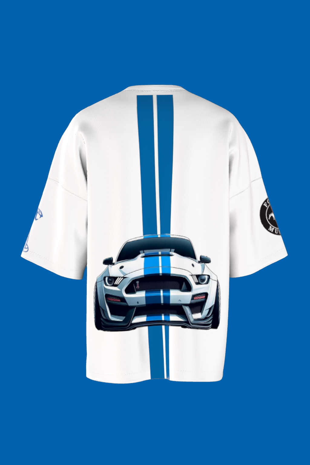 White Oversized Shelby Mustang T-Shirt – Racing Stripe Car Graphic Tee